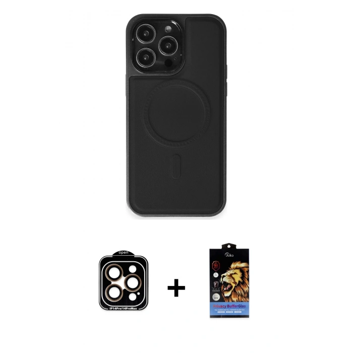 MARSİLYAN™- iPhone 14 Pro Max Kılıf Zirve Işık Serisi - Siyah Buffer Hayalet Cam Ekran Koruyucu + PVD Metal Kamera Lens - TU