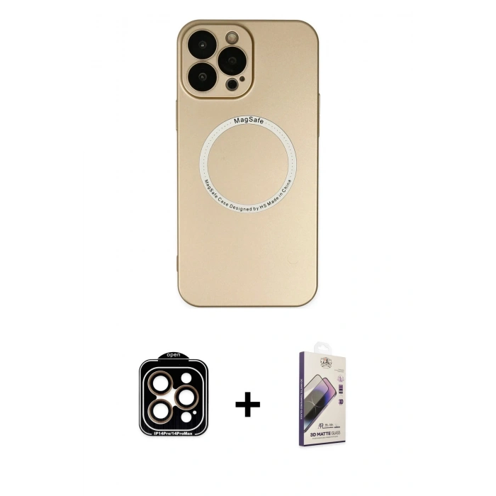 MARSİLYAN™- iPhone 14 Pro Max Kılıf Zirve Klasik Prime - Siyah Bilvis 3D Mat Cam Ekran Koruyucu + Turuncu PVD Metal Kamera Lens