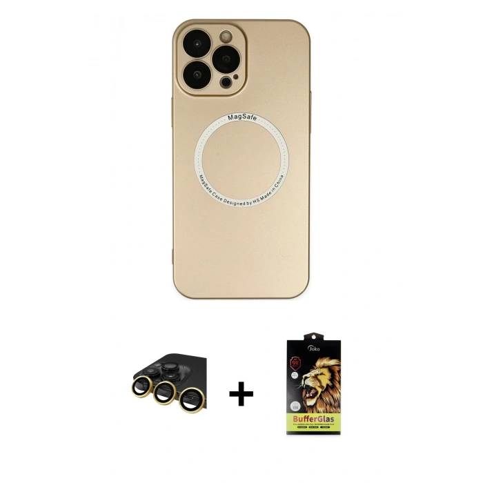 MARSİLYAN™- iPhone 14 Pro Max Kılıf Zirve Klasik Prime - Siyah Buffer Cam Ekran Koruyucu + Gold Raze Metal Kamera Lens
