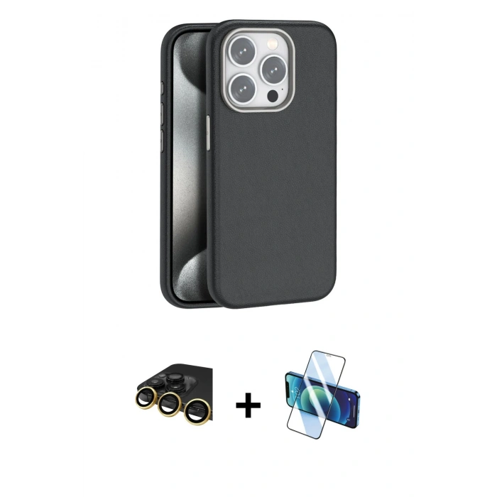 MARSİLYAN™- iPhone 14 Pro Max Kılıf Zirve Modern Prime - Siyah 3D Antistatik Cam Ekran Koruyucu + Gold Raze Metal Kamera Lens