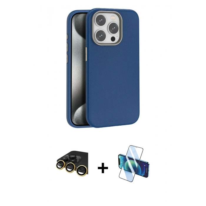 MARSİLYAN™- iPhone 14 Pro Max Kılıf Zirve Modern Prime - Siyah 3D Antistatik Cam Ekran Koruyucu + Gold Raze Metal Kamera Lens