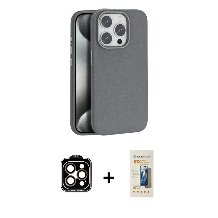 MARSİLYAN™- iPhone 14 Pro Max Kılıf Zirve Modern Prime - Siyah 6D Mat Seramik Hayalet Nano Ekran Koruyucu + Turuncu PVD Metal Kamera Lens