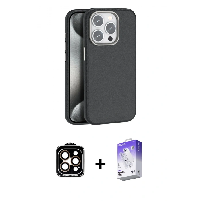 MARSİLYAN™- iPhone 14 Pro Max Kılıf Zirve Modern Prime - Siyah Bilvis 5in1 3D Magic Cam Ekran Koruyucu + Turuncu PVD Metal Kamera Lens