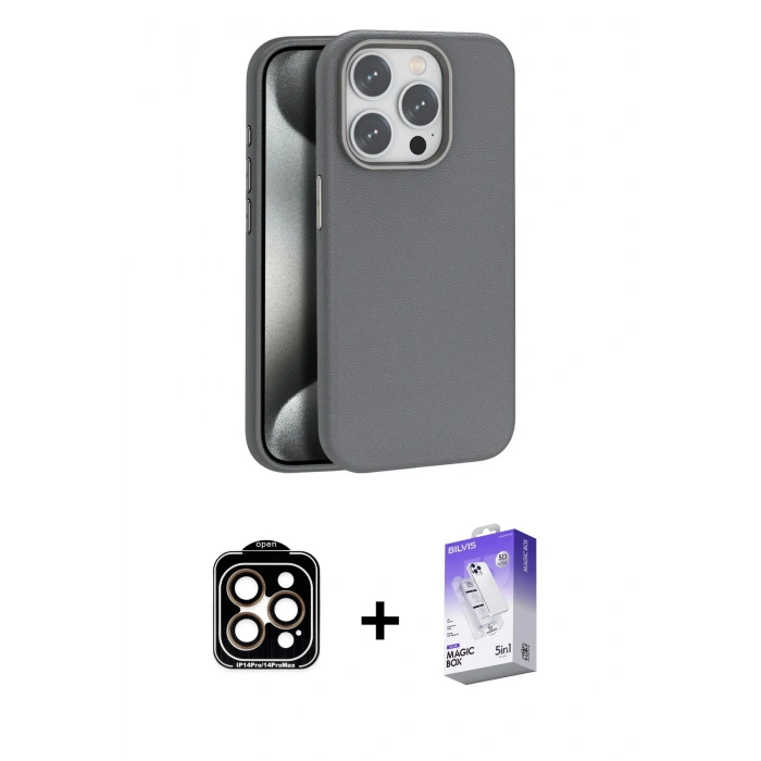 MARSİLYAN™- iPhone 14 Pro Max Kılıf Zirve Modern Prime - Siyah Bilvis 5in1 3D Magic Cam Ekran Koruyucu + Turuncu PVD Metal Kamera Lens