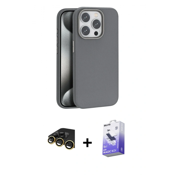 MARSİLYAN™- iPhone 14 Pro Max Kılıf Zirve Modern Prime - Siyah Bilvis 5in1 5D Magic Hayalet Cam Ekran Koruyucu + Gold Raze Metal Kamera Lens