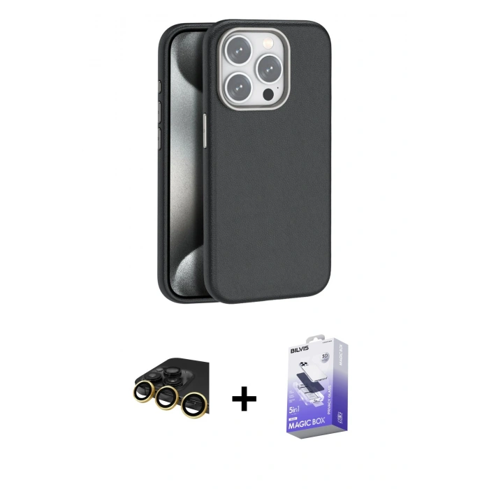 MARSİLYAN™- iPhone 14 Pro Max Kılıf Zirve Modern Prime - Siyah Bilvis 5in1 5D Magic Hayalet Cam Ekran Koruyucu + Gold Raze Metal Kamera Lens