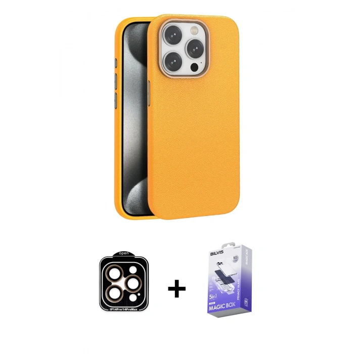 MARSİLYAN™- iPhone 14 Pro Max Kılıf Zirve Modern Prime - Siyah Bilvis 5in1 5D Magic Hayalet Cam Ekran Koruyucu + PVD Metal Kamera Lens - TU