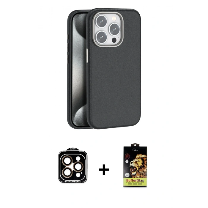 MARSİLYAN™- iPhone 14 Pro Max Kılıf Zirve Modern Prime - Siyah Buffer Cam Ekran Koruyucu + PVD Metal Kamera Lens - TU