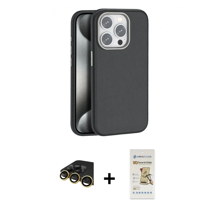 MARSİLYAN™- iPhone 14 Pro Max Kılıf Zirve Modern Prime - Siyah Mat Seramik Nano Ekran Koruyucu + Gold Raze Metal Kamera Lens