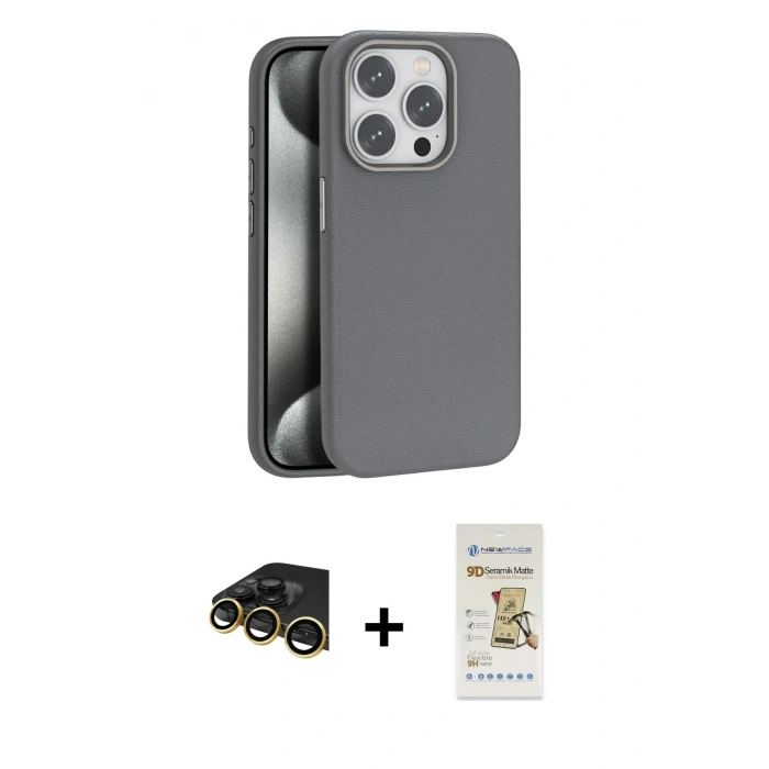 MARSİLYAN™- iPhone 14 Pro Max Kılıf Zirve Modern Prime - Siyah Mat Seramik Nano Ekran Koruyucu + Gold Raze Metal Kamera Lens
