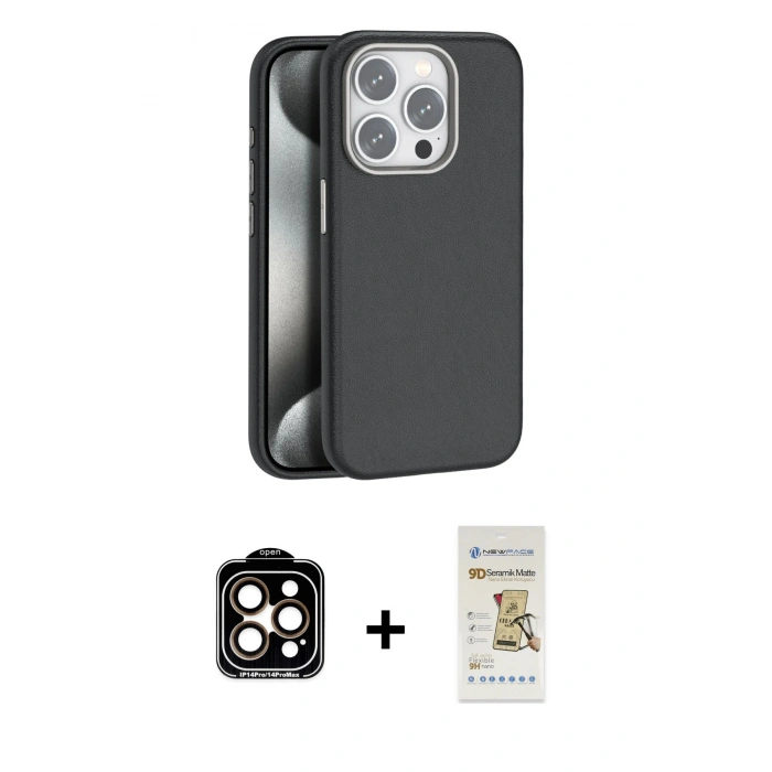 MARSİLYAN™- iPhone 14 Pro Max Kılıf Zirve Modern Prime - Siyah Mat Seramik Nano Ekran Koruyucu + PVD Metal Kamera Lens - TU