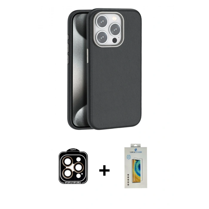MARSİLYAN™- iPhone 14 Pro Max Kılıf Zirve Modern Prime - Siyah Polymer Nano Ekran Koruyucu + Turuncu PVD Metal Kamera Lens