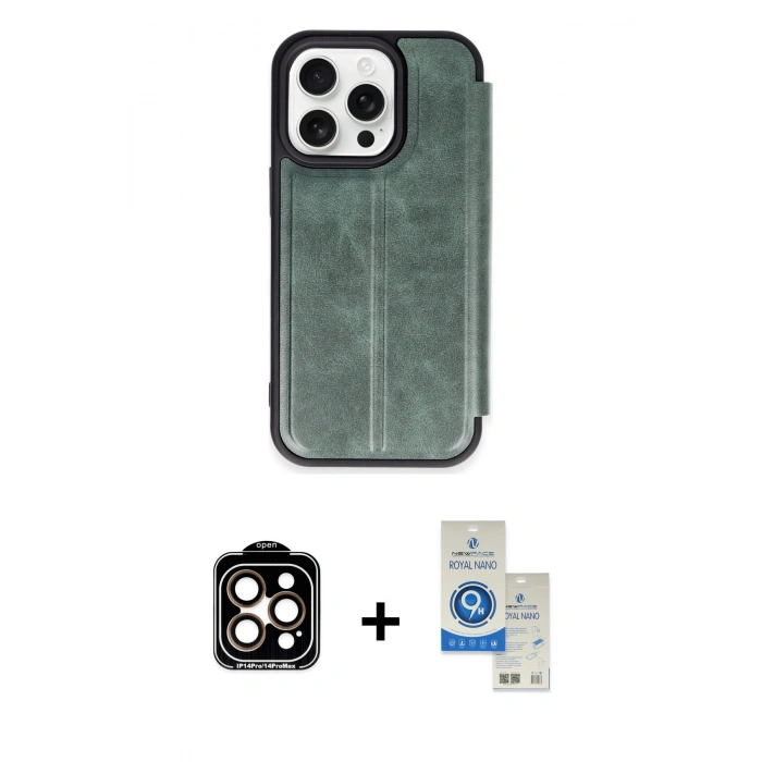 MARSİLYAN™- iPhone 14 Pro Max Kılıf Zirve Yansıma Serisi - Şeffaf Royal Nano Ekran Koruyucu + Turuncu PVD Metal Kamera Lens