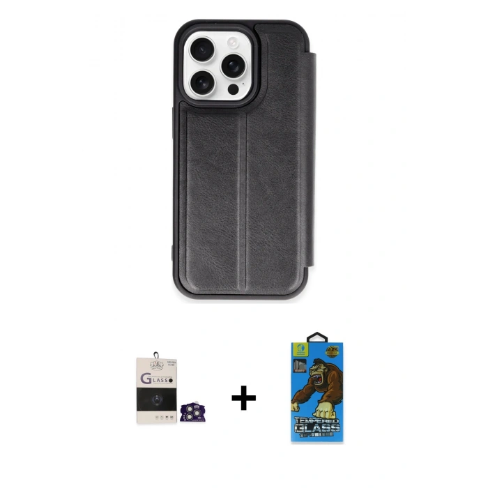 MARSİLYAN™- iPhone 14 Pro Max Kılıf Zirve Yansıma Serisi - Siyah 18D Cam Ekran Koruyucu + Bilvis Titan Kamera Lens - GS