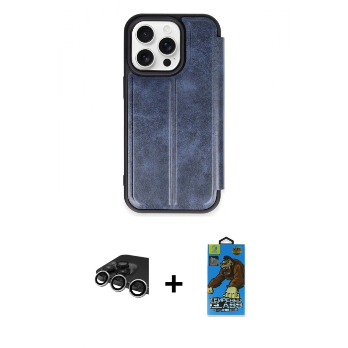 MARSİLYAN™- iPhone 14 Pro Max Kılıf Zirve Yansıma Serisi - Siyah 18D Cam Ekran Koruyucu + Raze Metal Kamera Lens - GS