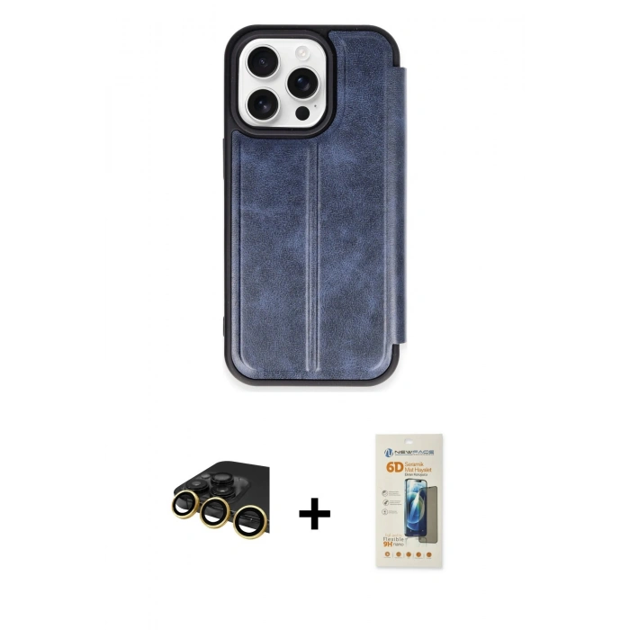 MARSİLYAN™- iPhone 14 Pro Max Kılıf Zirve Yansıma Serisi - Siyah 6D Mat Seramik Hayalet Nano Ekran Koruyucu + Gold Raze Metal Kamera Lens