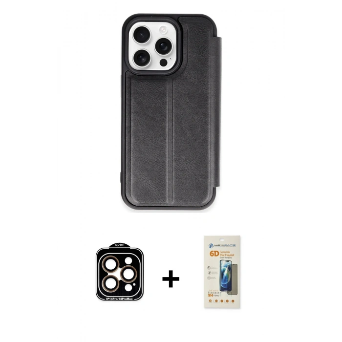 MARSİLYAN™- iPhone 14 Pro Max Kılıf Zirve Yansıma Serisi - Siyah 6D Mat Seramik Hayalet Nano Ekran Koruyucu + PVD Metal Kamera Lens - TU