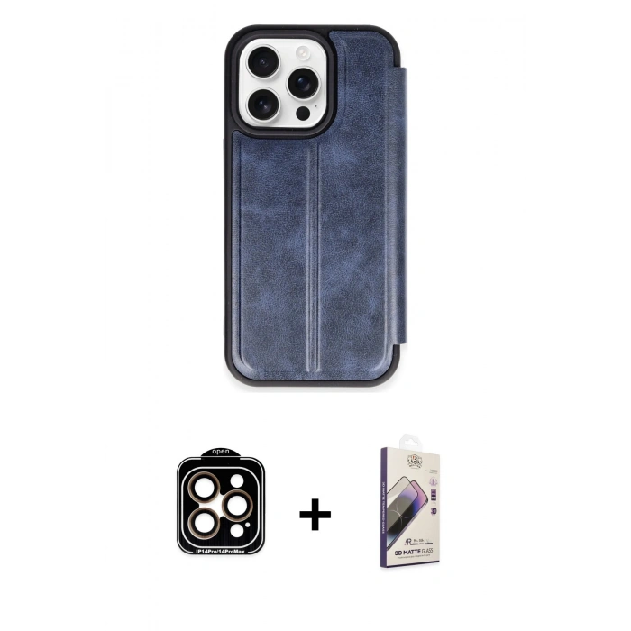 MARSİLYAN™- iPhone 14 Pro Max Kılıf Zirve Yansıma Serisi - Siyah Bilvis 3D Mat Cam Ekran Koruyucu + PVD Metal Kamera Lens - TU