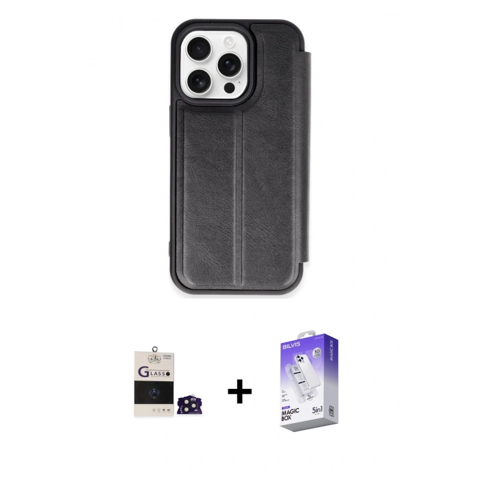 MARSİLYAN™- iPhone 14 Pro Max Kılıf Zirve Yansıma Serisi - Siyah Bilvis 5in1 3D Magic Cam Ekran Koruyucu + Derin Mor Bilvis Titan Kamera Lens
