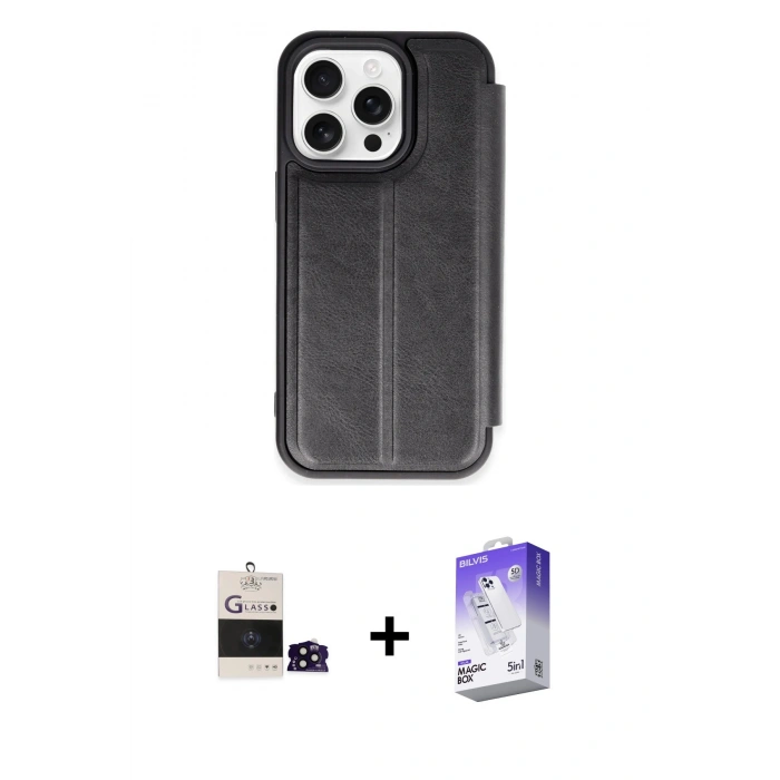 MARSİLYAN™- iPhone 14 Pro Max Kılıf Zirve Yansıma Serisi - Siyah Bilvis 5in1 3D Magic Cam Ekran Koruyucu + Bilvis Titan Kamera Lens - SH