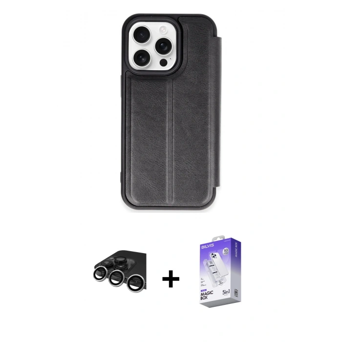 MARSİLYAN™- iPhone 14 Pro Max Kılıf Zirve Yansıma Serisi - Siyah Bilvis 5in1 3D Magic Cam Ekran Koruyucu + Raze Metal Kamera Lens - GS
