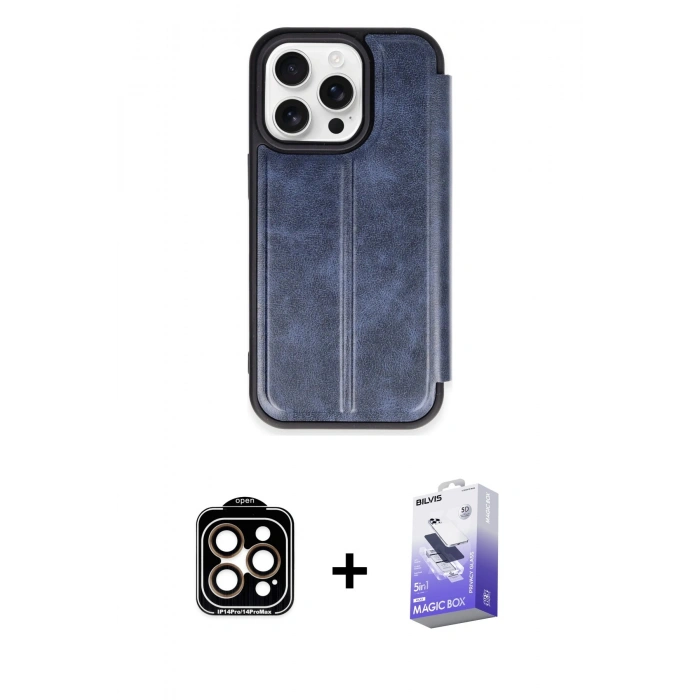 MARSİLYAN™- iPhone 14 Pro Max Kılıf Zirve Yansıma Serisi - Siyah Bilvis 5in1 5D Magic Hayalet Cam Ekran Koruyucu + Turuncu PVD Metal Kamera Lens