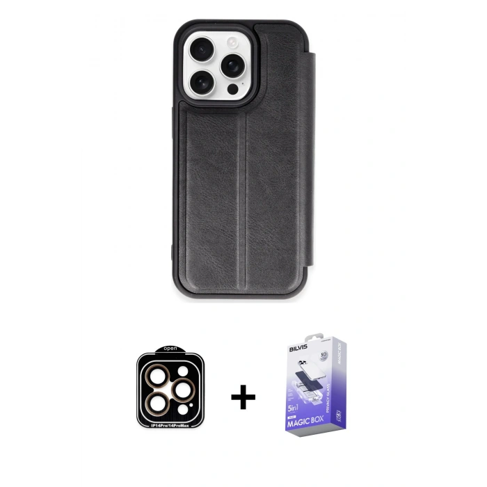 MARSİLYAN™- iPhone 14 Pro Max Kılıf Zirve Yansıma Serisi - Siyah Bilvis 5in1 5D Magic Hayalet Cam Ekran Koruyucu + Turuncu PVD Metal Kamera Lens
