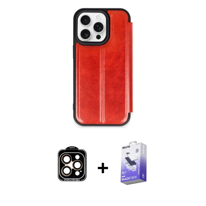 MARSİLYAN™- iPhone 14 Pro Max Kılıf Zirve Yansıma Serisi - Siyah Bilvis 5in1 5D Magic Hayalet Cam Ekran Koruyucu + Turuncu PVD Metal Kamera Lens