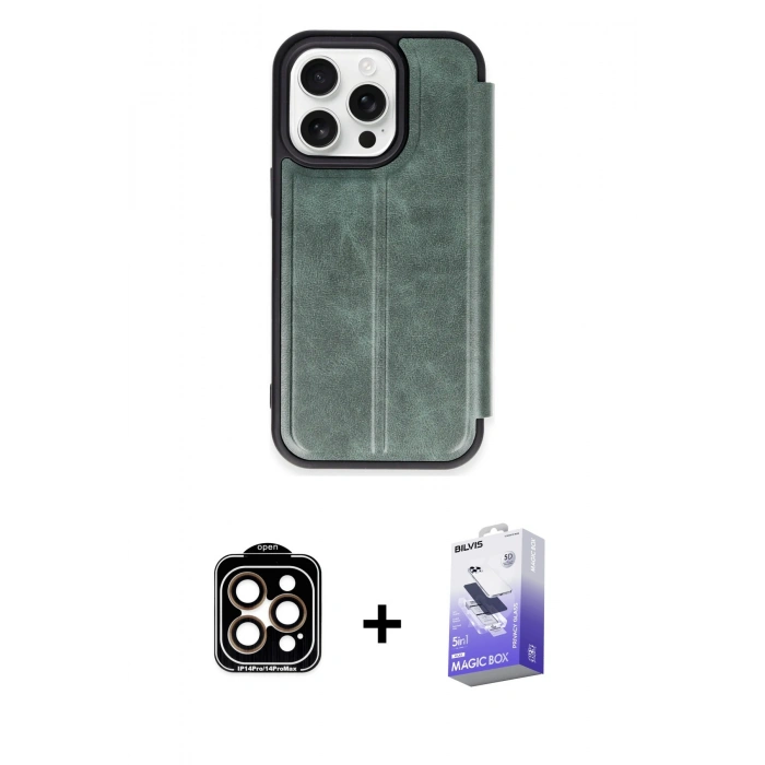 MARSİLYAN™- iPhone 14 Pro Max Kılıf Zirve Yansıma Serisi - Siyah Bilvis 5in1 5D Magic Hayalet Cam Ekran Koruyucu + Turuncu PVD Metal Kamera Lens