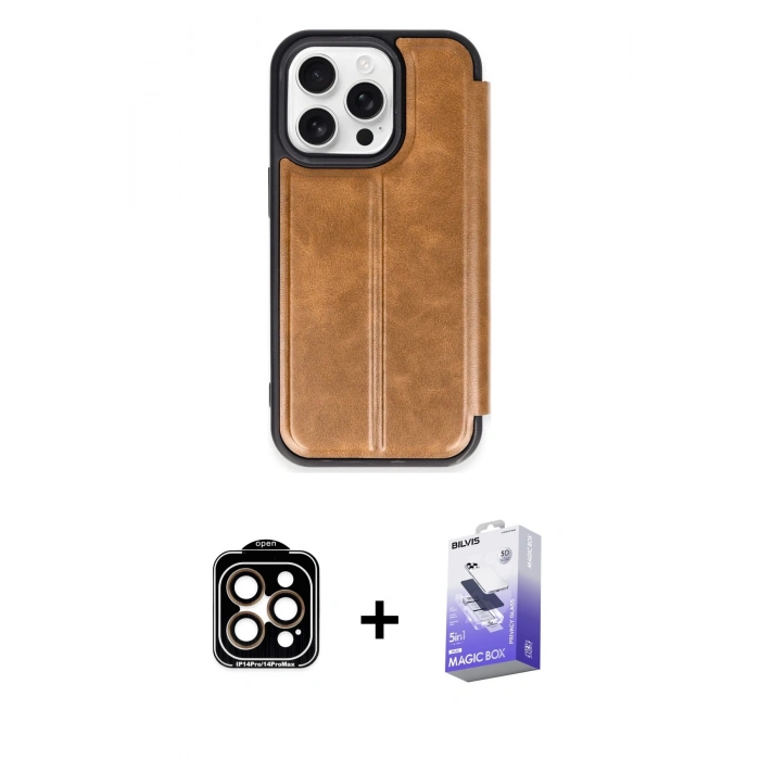 MARSİLYAN™- iPhone 14 Pro Max Kılıf Zirve Yansıma Serisi - Siyah Bilvis 5in1 5D Magic Hayalet Cam Ekran Koruyucu + Turuncu PVD Metal Kamera Lens