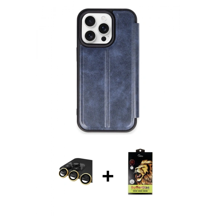 MARSİLYAN™- iPhone 14 Pro Max Kılıf Zirve Yansıma Serisi - Siyah Buffer Cam Ekran Koruyucu + Gold Raze Metal Kamera Lens