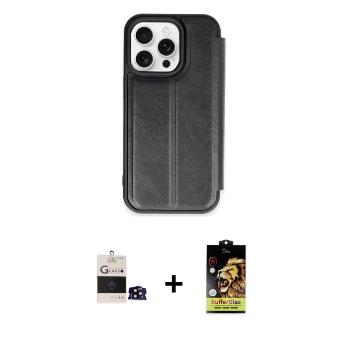 MARSİLYAN™- iPhone 14 Pro Max Kılıf Zirve Yansıma Serisi - Siyah Buffer Cam Ekran Koruyucu + Bilvis Titan Kamera Lens - SH
