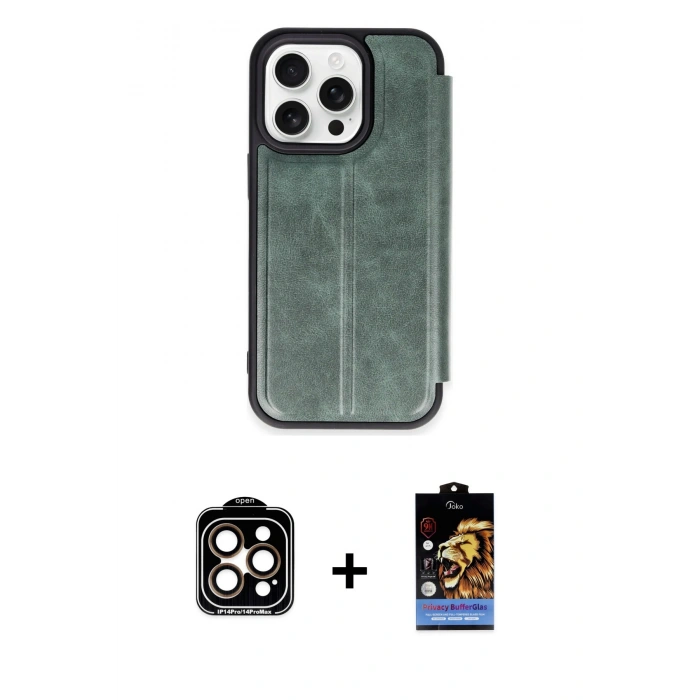 MARSİLYAN™- iPhone 14 Pro Max Kılıf Zirve Yansıma Serisi - Siyah Buffer Hayalet Cam Ekran Koruyucu + PVD Metal Kamera Lens - TU