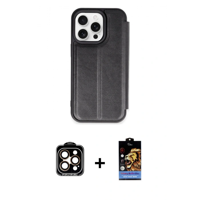 MARSİLYAN™- iPhone 14 Pro Max Kılıf Zirve Yansıma Serisi - Siyah Buffer Hayalet Cam Ekran Koruyucu + PVD Metal Kamera Lens - TU