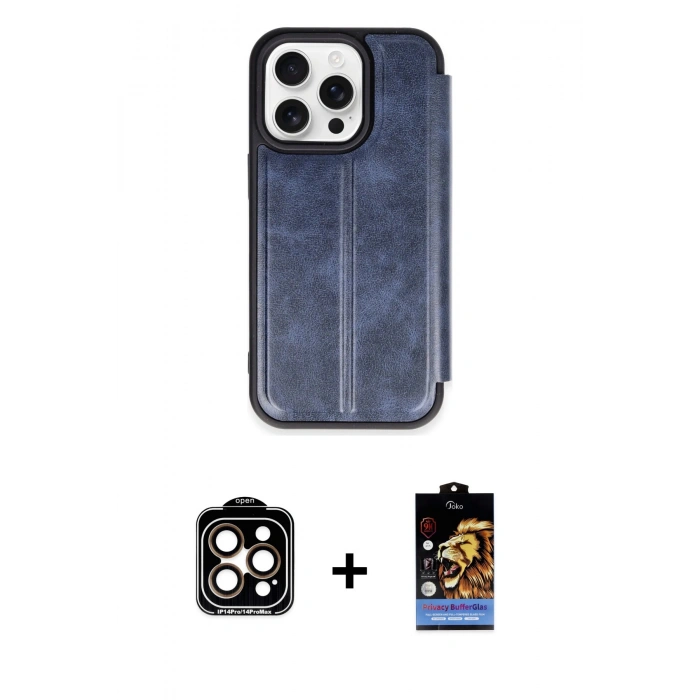 MARSİLYAN™- iPhone 14 Pro Max Kılıf Zirve Yansıma Serisi - Siyah Buffer Hayalet Cam Ekran Koruyucu + PVD Metal Kamera Lens - TU