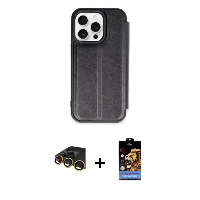 MARSİLYAN™- iPhone 14 Pro Max Kılıf Zirve Yansıma Serisi - Siyah Buffer Hayalet Cam Ekran Koruyucu + Raze Metal Kamera Lens - GD