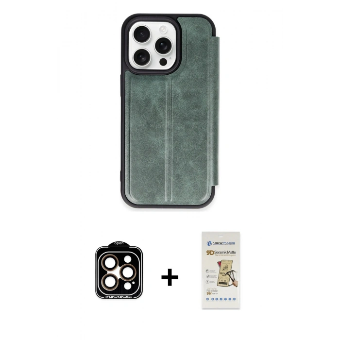 MARSİLYAN™- iPhone 14 Pro Max Kılıf Zirve Yansıma Serisi - Siyah Mat Seramik Nano Ekran Koruyucu + Turuncu PVD Metal Kamera Lens
