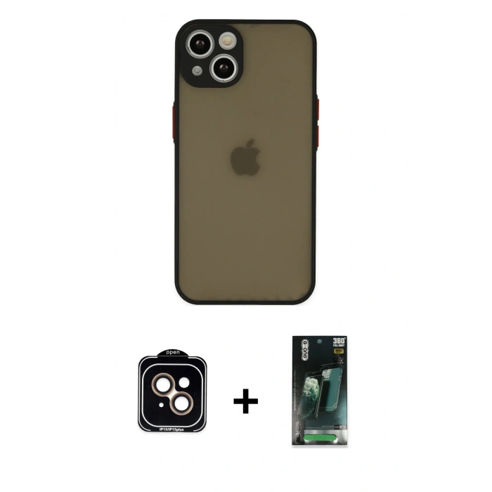 MARSİLYAN™- iPhone 15 Kılıf Ahenk Çizgi Serisi - Siyah 360 Mat Full Body Arka Koruyucu + PVD Metal Kamera Lens - TU