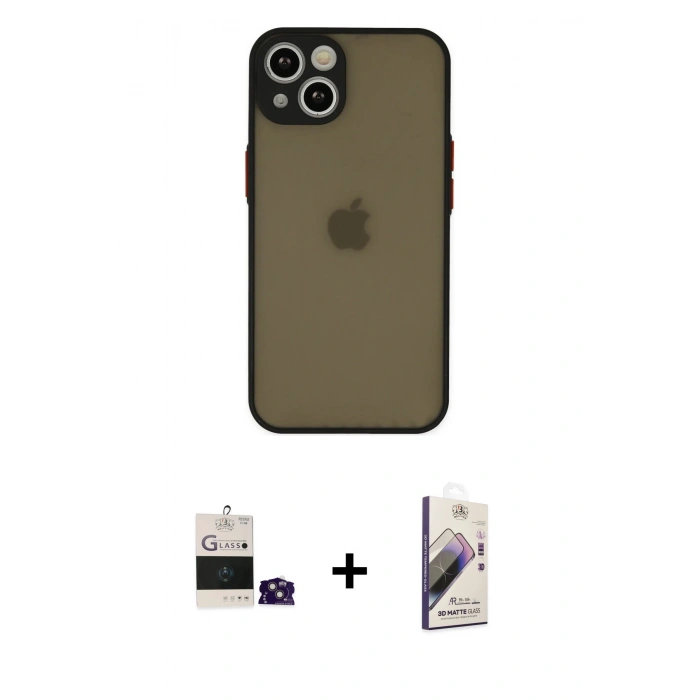 MARSİLYAN™- iPhone 15 Kılıf Ahenk Çizgi Serisi - Siyah Bilvis 3D Mat Cam Ekran Koruyucu + Pembe Bilvis Titan Kamera Lens