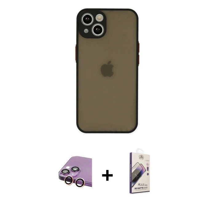 MARSİLYAN™- iPhone 15 Kılıf Ahenk Çizgi Serisi - Siyah Bilvis 3D Mat Cam Ekran Koruyucu + Raze Metal Kamera Lens - PE