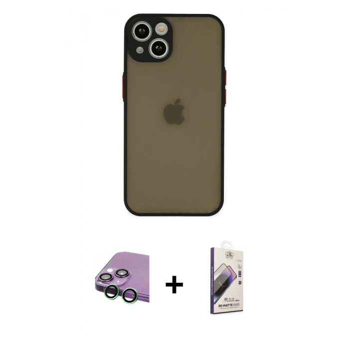 MARSİLYAN™- iPhone 15 Kılıf Ahenk Çizgi Serisi - Siyah Bilvis 3D Mat Cam Ekran Koruyucu + Raze Metal Kamera Lens - YL