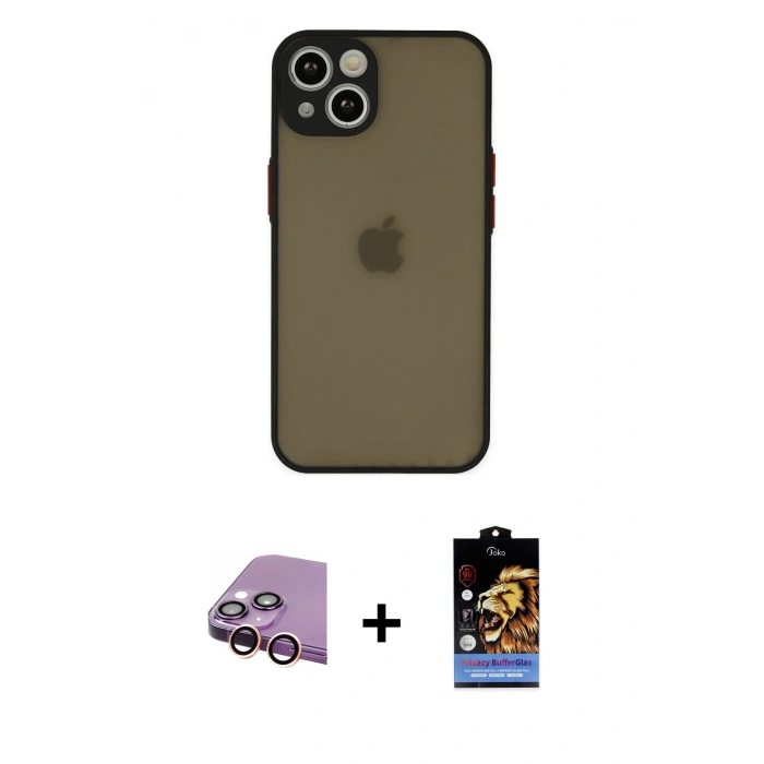 MARSİLYAN™- iPhone 15 Kılıf Ahenk Çizgi Serisi - Siyah Buffer Hayalet Cam Ekran Koruyucu + Raze Metal Kamera Lens - PE