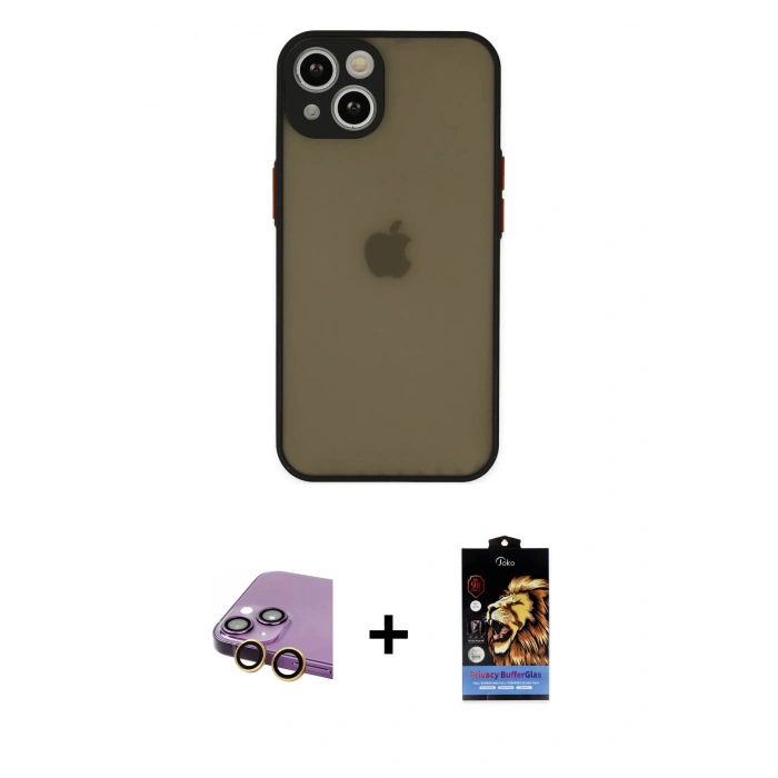 MARSİLYAN™- iPhone 15 Kılıf Ahenk Çizgi Serisi - Siyah Buffer Hayalet Cam Ekran Koruyucu + Raze Metal Kamera Lens - SI