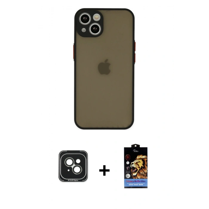 MARSİLYAN™- iPhone 15 Kılıf Ahenk Çizgi Serisi - Siyah Buffer Hayalet Cam Ekran Koruyucu + PVD Metal Kamera Lens - YL