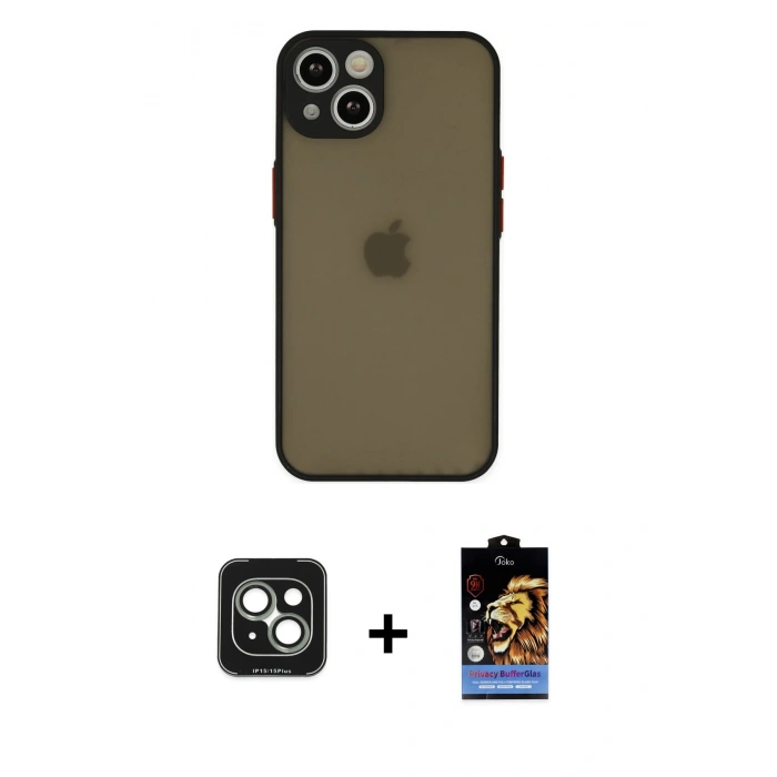 MARSİLYAN™- iPhone 15 Kılıf Ahenk Çizgi Serisi - Siyah Buffer Hayalet Cam Ekran Koruyucu + PVD Metal Kamera Lens - YL