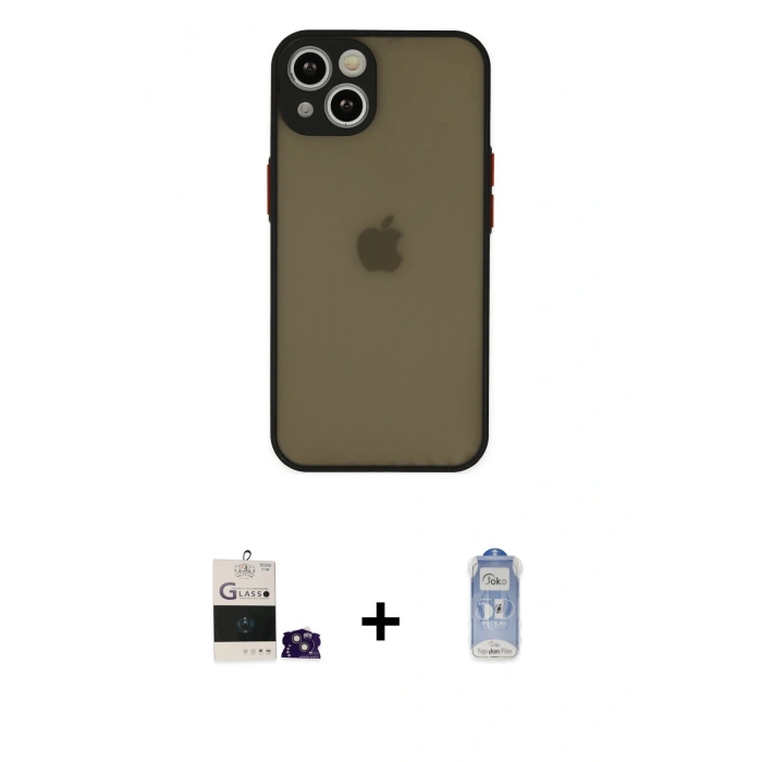 MARSİLYAN™- iPhone 15 Kılıf Ahenk Çizgi Serisi - Siyah Joko Magic 5D Cam + Bilvis Titan Kamera Lens - PE
