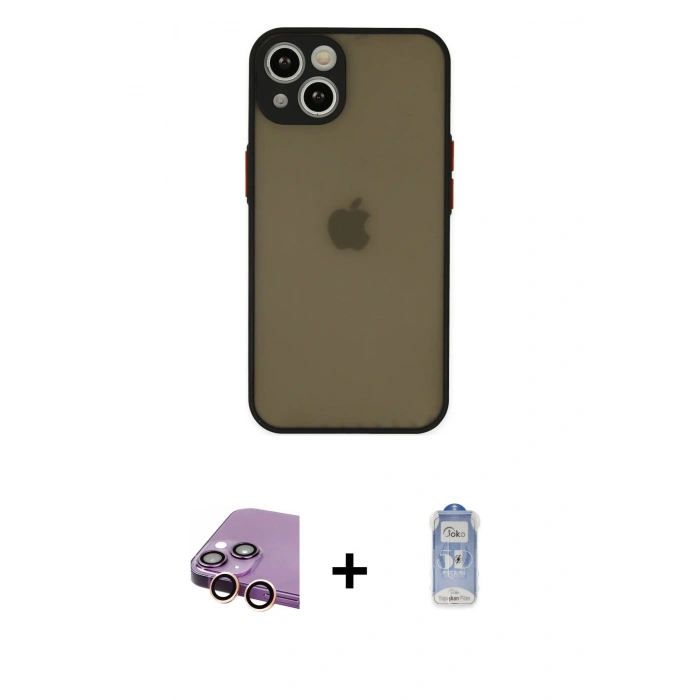 MARSİLYAN™- iPhone 15 Kılıf Ahenk Çizgi Serisi - Siyah Joko Magic 5D Cam + Raze Metal Kamera Lens - PE