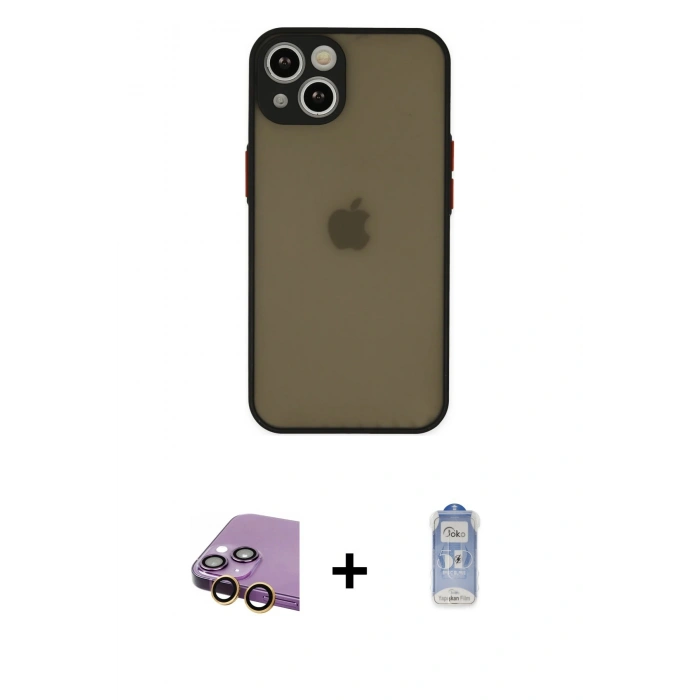MARSİLYAN™- iPhone 15 Kılıf Ahenk Çizgi Serisi - Siyah Joko Magic 5D Cam + Raze Metal Kamera Lens - SI