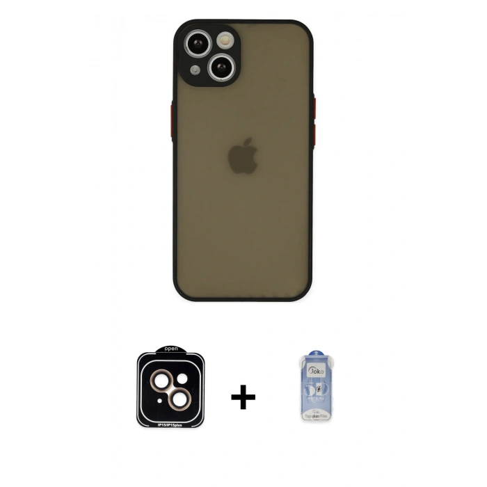 MARSİLYAN™- iPhone 15 Kılıf Ahenk Çizgi Serisi - Siyah Joko Magic 5D Cam + PVD Metal Kamera Lens - TU
