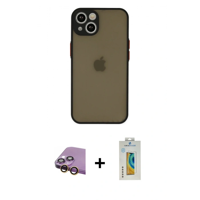 MARSİLYAN™- iPhone 15 Kılıf Ahenk Çizgi Serisi - Siyah Polymer Nano Ekran Koruyucu + Raze Metal Kamera Lens - SI